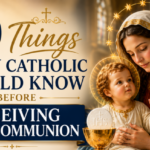 Virgin Mary and Infant Jesus beside the Holy Eucharist illustrating Catholic teaching on receiving Holy Communion