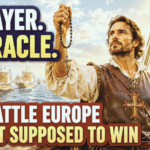 A determined 16th-century Christian sailor raises a rosary aboard a wooden galley ship as a fleet sails across a bright blue sea under warm golden daylight, representing the Battle of Lepanto and the power of prayer.