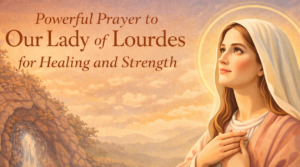 Our Lady of Lourdes prayer image showing the Blessed Virgin Mary in prayer, symbolizing healing, peace, and strength for those seeking comfort through Marian devotion.