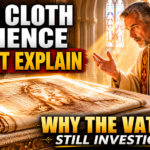 The Shroud of Turin displayed on an altar inside a cathedral as a priest examines the mysterious cloth studied by science and the Vatican