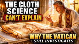 The Shroud of Turin displayed on an altar inside a cathedral as a priest examines the mysterious cloth studied by science and the Vatican