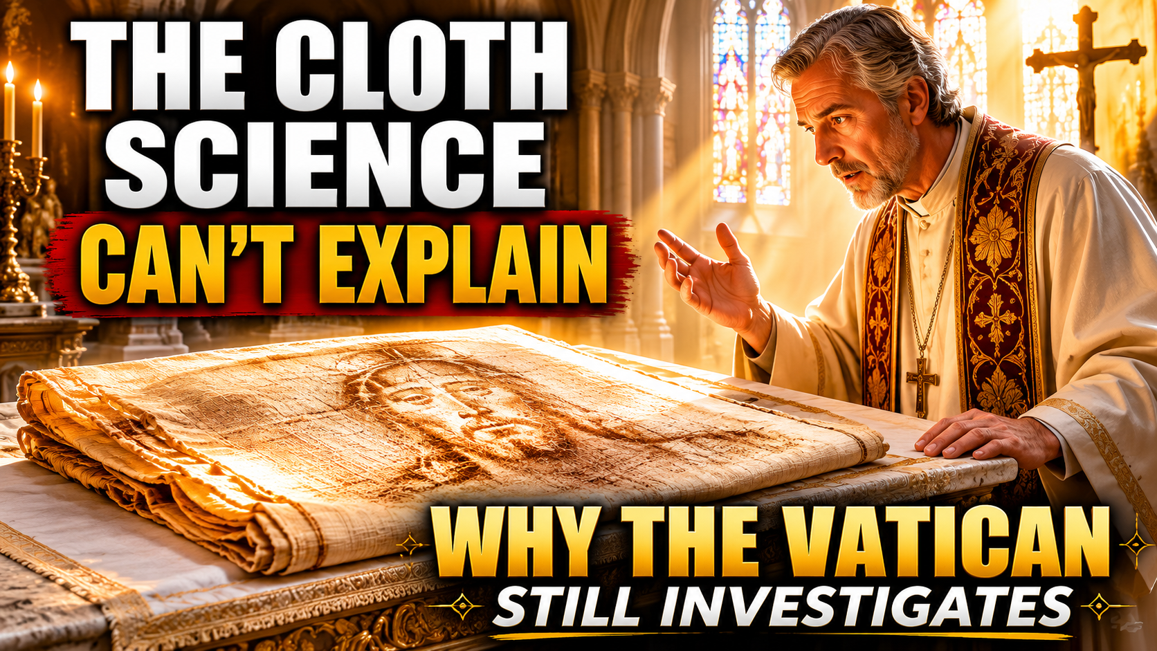 The Shroud of Turin displayed on an altar inside a cathedral as a priest examines the mysterious cloth studied by science and the Vatican
