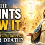 Bright Catholic YouTube thumbnail showing a saint praying beneath radiant heavenly light with a glowing cross and rosary, illustrating the Catholic teaching on Purgatory and the afterlife.