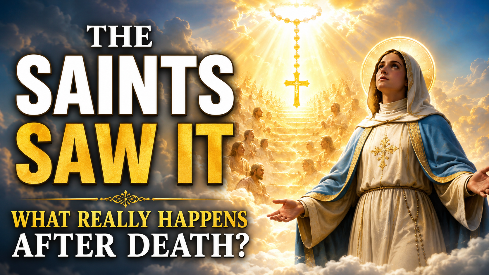 Bright Catholic YouTube thumbnail showing a saint praying beneath radiant heavenly light with a glowing cross and rosary, illustrating the Catholic teaching on Purgatory and the afterlife.