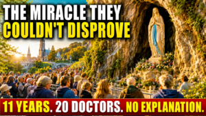 Pilgrims praying at the Lourdes Grotto in France beneath a statue of Our Lady during warm golden daylight, symbolizing the investigation of an extraordinary Catholic healing miracle.