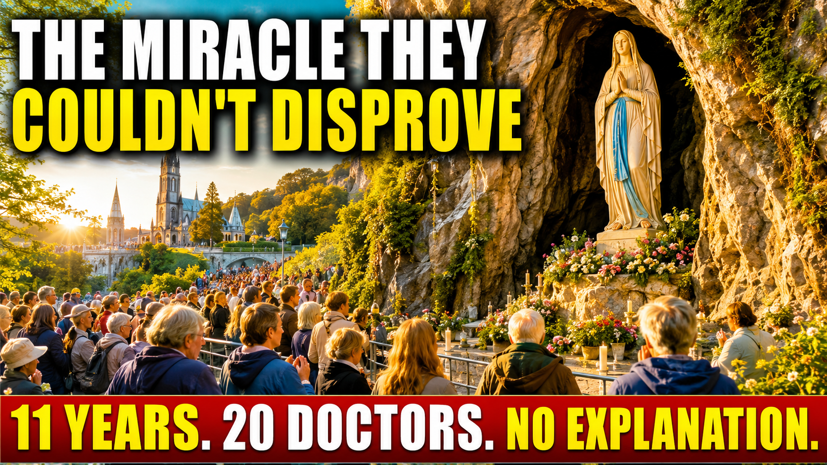 Pilgrims praying at the Lourdes Grotto in France beneath a statue of Our Lady during warm golden daylight, symbolizing the investigation of an extraordinary Catholic healing miracle.