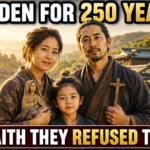 Japanese Hidden Christian family from the 1800s standing together in a sunlit rural Japanese village, with the mother holding a hidden Virgin Mary statue and the father carrying a discreet wooden crucifix, symbolizing enduring Catholic faith and hope.
