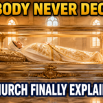 A bright, realistic church interior featuring a glass reliquary containing a peaceful, generic religious figure dressed in white and gold vestments. Warm golden sunlight streams through tall arched windows, illuminating white lilies, glowing candles, and polished marble floors. Bold thumbnail text reads: "HER BODY NEVER DECAYED" and "THE CHURCH FINALLY EXPLAINS WHY."