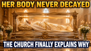 A bright, realistic church interior featuring a glass reliquary containing a peaceful, generic religious figure dressed in white and gold vestments. Warm golden sunlight streams through tall arched windows, illuminating white lilies, glowing candles, and polished marble floors. Bold thumbnail text reads: "HER BODY NEVER DECAYED" and "THE CHURCH FINALLY EXPLAINS WHY."