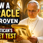 Pope Leo XIV in formal papal attire examines a softly glowing historical medical file inside a bright Vatican archive, illuminated by warm golden sunlight streaming through tall arched windows and stained-glass panels, symbolizing the Church's careful investigation of miracles.