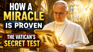 Pope Leo XIV in formal papal attire examines a softly glowing historical medical file inside a bright Vatican archive, illuminated by warm golden sunlight streaming through tall arched windows and stained-glass panels, symbolizing the Church's careful investigation of miracles.