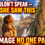 Young girl in 1700s clothing gazes in awe at a glowing Marian image on a canyon wall beside Las Lajas Sanctuary in Colombia under warm golden daylight.