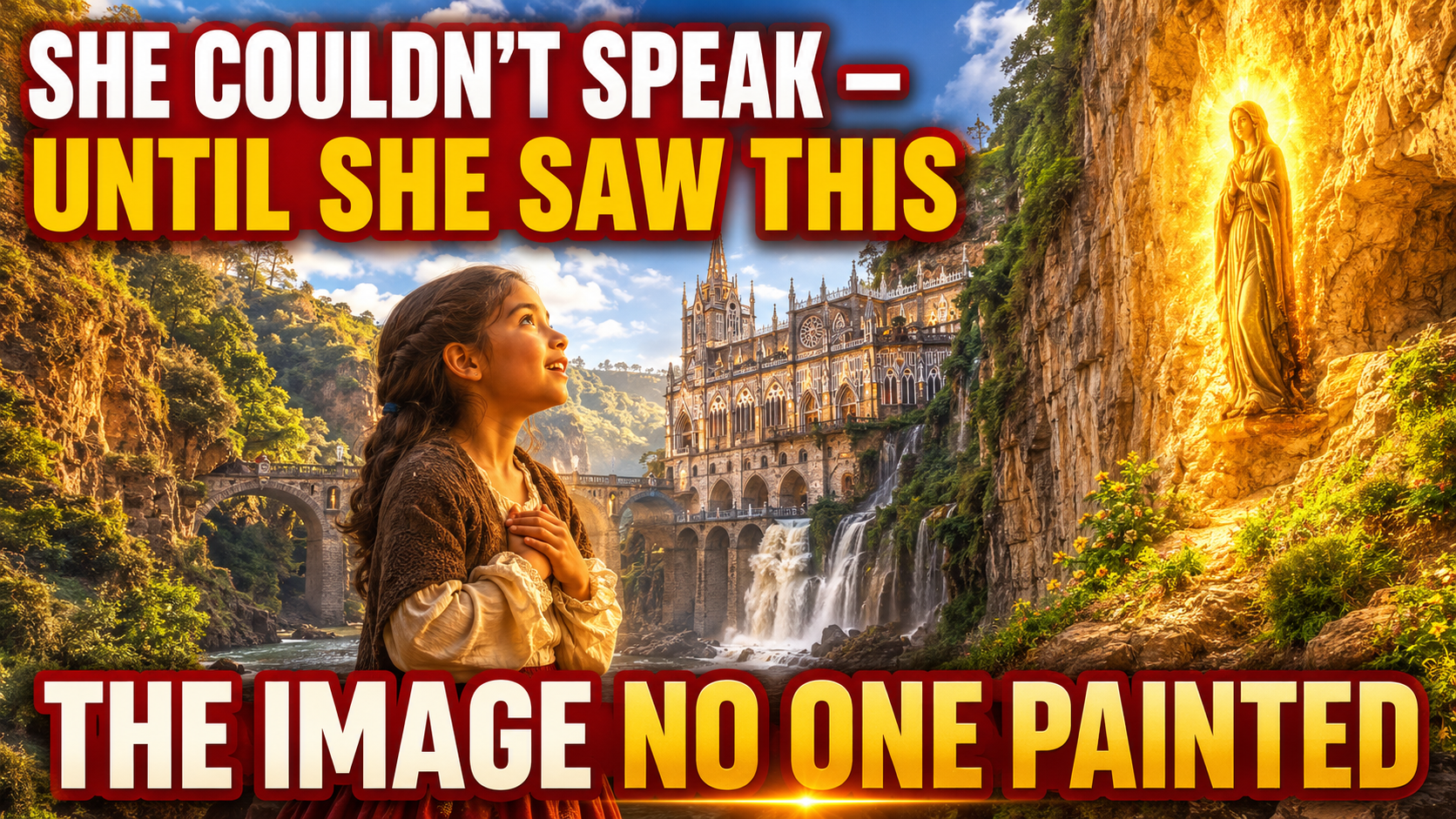 Young girl in 1700s clothing gazes in awe at a glowing Marian image on a canyon wall beside Las Lajas Sanctuary in Colombia under warm golden daylight.