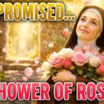 Saint Thérèse of Lisieux smiling peacefully in a bright sunlit garden while holding a bouquet of pink and white roses, with rose petals floating through the warm golden light. The devotional YouTube thumbnail features the text "SHE PROMISED..." and "A SHOWER OF ROSES."