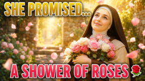 Saint Thérèse of Lisieux smiling peacefully in a bright sunlit garden while holding a bouquet of pink and white roses, with rose petals floating through the warm golden light. The devotional YouTube thumbnail features the text "SHE PROMISED..." and "A SHOWER OF ROSES."