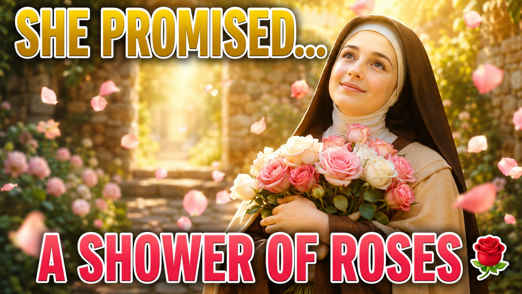 Saint Thérèse of Lisieux smiling peacefully in a bright sunlit garden while holding a bouquet of pink and white roses, with rose petals floating through the warm golden light. The devotional YouTube thumbnail features the text "SHE PROMISED..." and "A SHOWER OF ROSES."