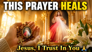 Hands holding a rosary with a Divine Mercy medal inside a bright, sunlit chapel, with the Divine Mercy image of Jesus radiating red and white rays, white lilies, glowing candles, and bold text reading "THIS PRAYER HEALS" and "Jesus, I Trust In You."