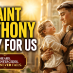 Saint Anthony of Padua holding the Child Jesus and a white lily, praying for those in urgent need, surrounded by warm golden divine light in a peaceful Catholic church.