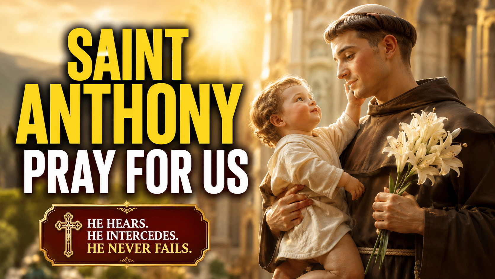 Saint Anthony of Padua holding the Child Jesus and a white lily, praying for those in urgent need, surrounded by warm golden divine light in a peaceful Catholic church.