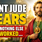 Saint Jude Thaddeus holding a wooden staff and wearing green and red apostolic robes with the image of Jesus on his medallion, standing in radiant golden light inside a bright Catholic church with the message "Saint Jude Hears – When Nothing Else Has Worked."