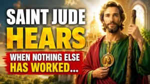 Saint Jude Thaddeus holding a wooden staff and wearing green and red apostolic robes with the image of Jesus on his medallion, standing in radiant golden light inside a bright Catholic church with the message "Saint Jude Hears – When Nothing Else Has Worked."