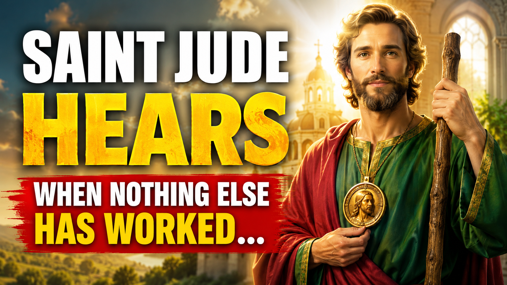 Saint Jude Thaddeus holding a wooden staff and wearing green and red apostolic robes with the image of Jesus on his medallion, standing in radiant golden light inside a bright Catholic church with the message "Saint Jude Hears – When Nothing Else Has Worked."