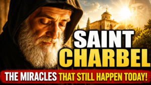 YouTube thumbnail featuring Saint Charbel Makhlouf praying with eyes gently closed, illuminated by warm golden light beside a sunlit monastery, with the text "Saint Charbel – The Miracles That Still Happen Today!"