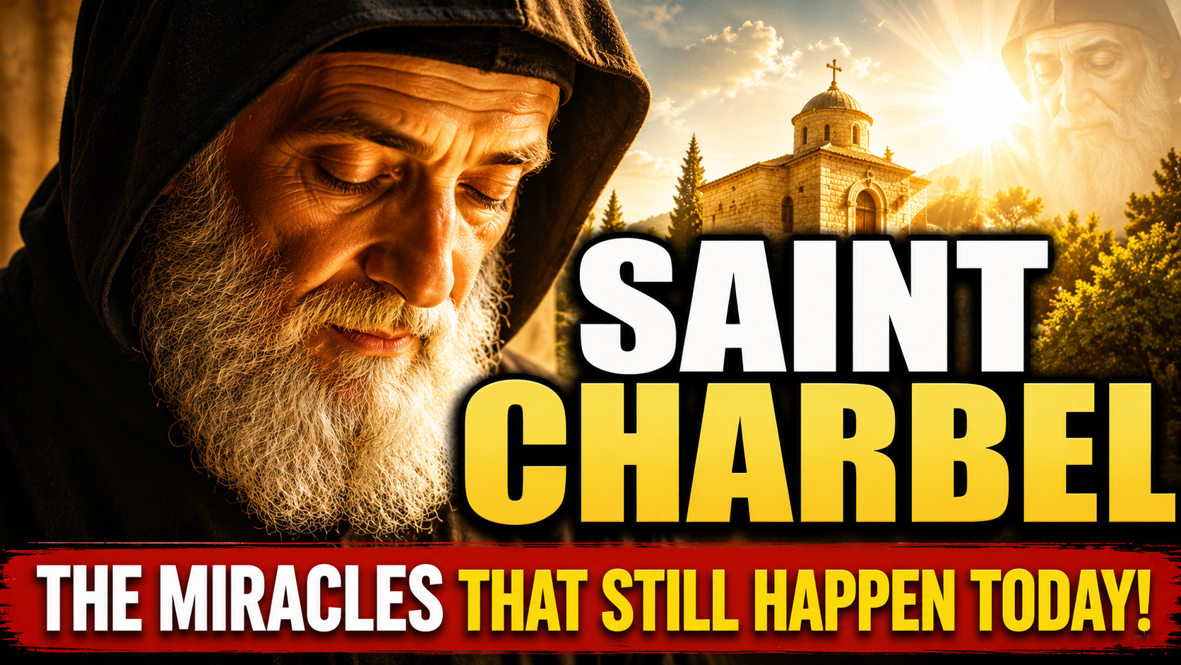 YouTube thumbnail featuring Saint Charbel Makhlouf praying with eyes gently closed, illuminated by warm golden light beside a sunlit monastery, with the text "Saint Charbel – The Miracles That Still Happen Today!"