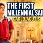 Saint Carlo Acutis smiling with laptop, first millennial saint of the Eucharist
