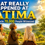 Three shepherd children kneel in prayer as a brilliant heavenly light shines above Fatima during the Miracle of the Sun, with the title "What Really Happened at Fatima."