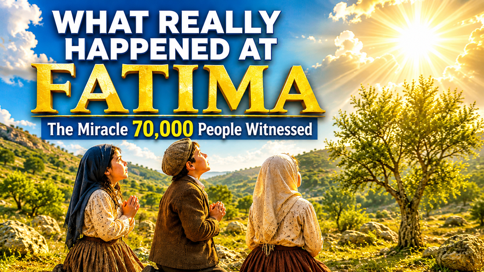 Three shepherd children kneel in prayer as a brilliant heavenly light shines above Fatima during the Miracle of the Sun, with the title "What Really Happened at Fatima."