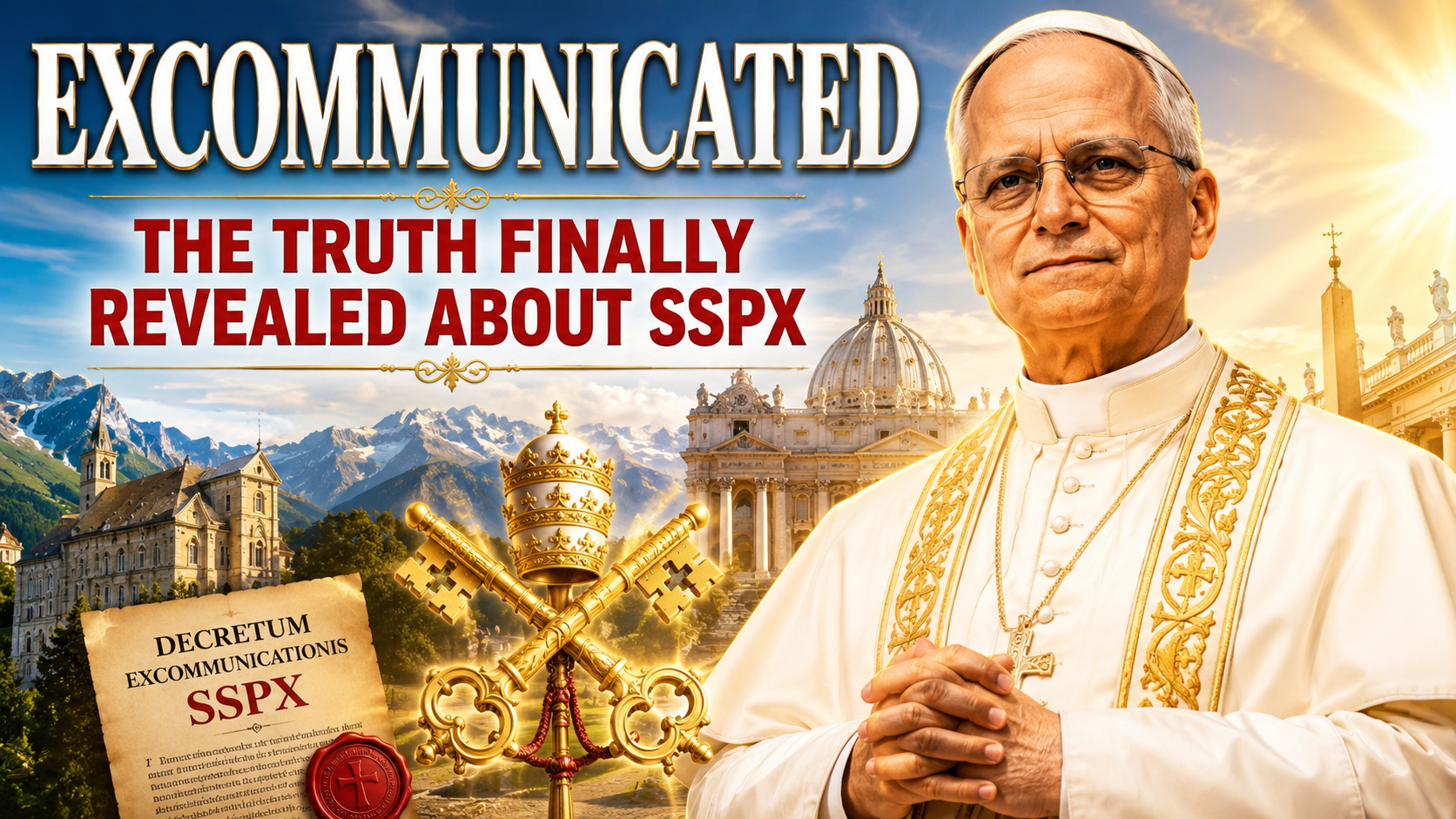 Bright YouTube thumbnail featuring Pope Leo XIV with the Vatican, papal keys, and the headline "Excommunicated – The Truth Finally Revealed About SSPX."