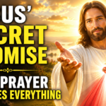Jesus Christ extending His hand in blessing with the Divine Mercy rays in a bright heavenly landscape, featured in a YouTube thumbnail titled "Jesus' Secret Promise – This Prayer Changes Everything."