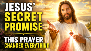 Jesus Christ extending His hand in blessing with the Divine Mercy rays in a bright heavenly landscape, featured in a YouTube thumbnail titled "Jesus' Secret Promise – This Prayer Changes Everything."