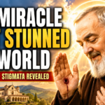 YouTube thumbnail featuring Saint Padre Pio displaying the stigmata while praying, with a crucifix, radiant heavenly light, and the text "The Miracle That Stunned the World – Padre Pio's Stigmata Revealed."
