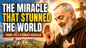 YouTube thumbnail featuring Saint Padre Pio displaying the stigmata while praying, with a crucifix, radiant heavenly light, and the text "The Miracle That Stunned the World – Padre Pio's Stigmata Revealed."