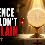 A glowing Eucharist host on a church altar with dramatic light, a scientist silhouette in the background, and a reverent Catholic atmosphere.