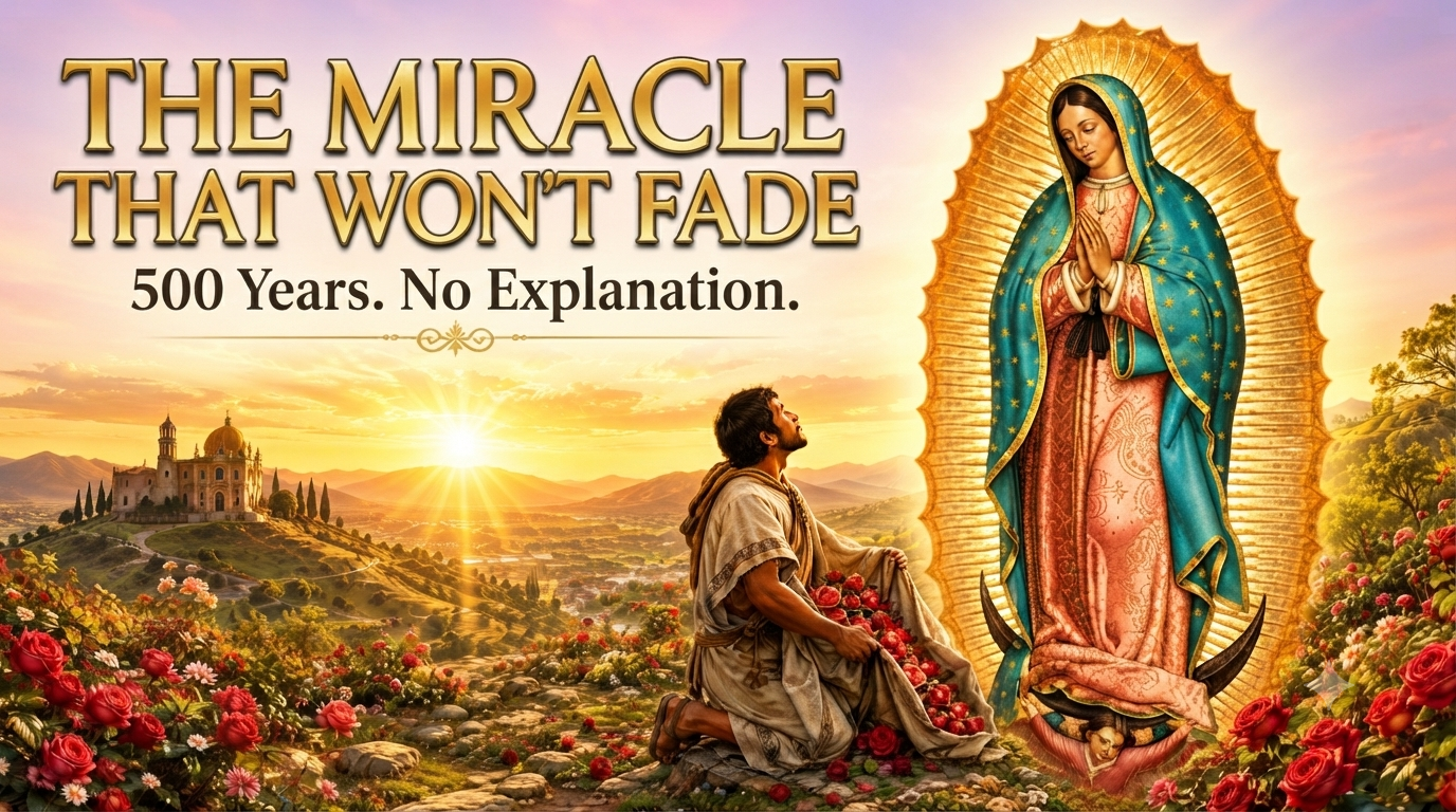 Our Lady of Guadalupe appearing to Saint Juan Diego at sunrise with the title "The Miracle That Won't Fade – 500 Years. No Explanation."