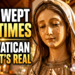 A realistic wooden statue of the Virgin Mary with a single glistening tear on her cheek, illuminated by warm golden sunlight inside a bright Japanese chapel with candles, wildflowers, and a peaceful atmosphere.