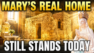 Ancient stone house traditionally associated with the Virgin Mary, preserved inside a grand basilica and bathed in warm golden sunlight, with a crowned statue of Mary in prayer and bold text reading “MARY'S REAL HOME – STILL STANDS TODAY.”