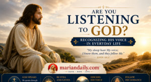 Jesus Christ seated on a hillside at sunrise, listening attentively and inviting believers to recognize God's voice in everyday life