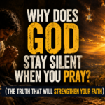 A man with Middle Eastern features kneels in prayer by candlelight beside a golden sunrise over ancient Jerusalem, with the text Why Does God Stay Silent When You Pray