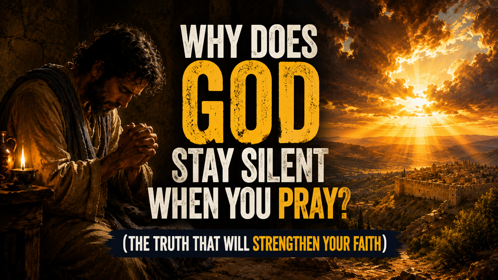 A man with Middle Eastern features kneels in prayer by candlelight beside a golden sunrise over ancient Jerusalem, with the text Why Does God Stay Silent When You Pray