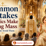 Catholic faithful attending Holy Mass with the Blessed Virgin Mary and Infant Jesus in traditional devotional artwork