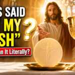 Jesus Christ with the Holy Eucharist and a golden chalice inside a bright Catholic church, representing Jesus' teaching on eating His flesh and the Real Presence in the Eucharist.