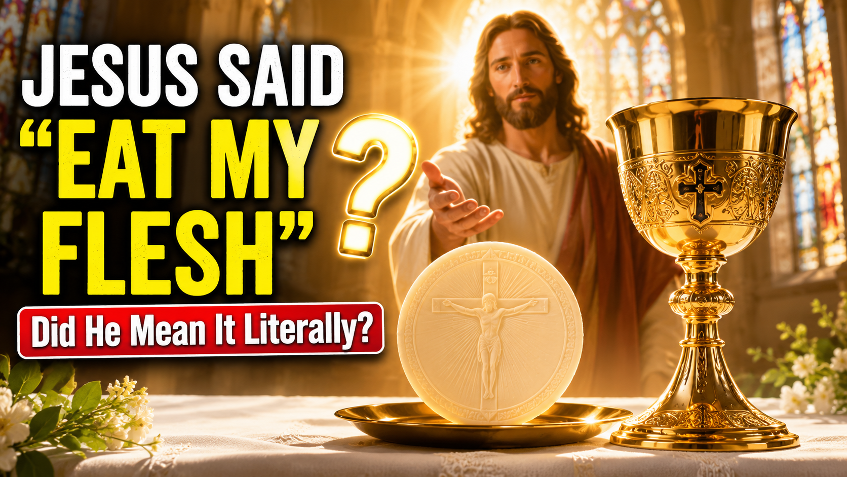 Jesus Christ with the Holy Eucharist and a golden chalice inside a bright Catholic church, representing Jesus' teaching on eating His flesh and the Real Presence in the Eucharist.