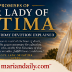 Our Lady of Fatima before the Basilica of Fatima with symbols of Holy Communion, Confession, Rosary, and meditation representing the First Saturday Devotion