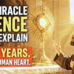 Eucharistic miracle YouTube thumbnail showing a radiant golden monstrance with the Blessed Sacrament on a church altar, a Franciscan-style monk praying in awe, warm sunlight streaming through an Italian cathedral, with bold text reading "The Miracle Science Can't Explain" and "1,200 Years. Still a Human Heart."