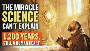 Eucharistic miracle YouTube thumbnail showing a radiant golden monstrance with the Blessed Sacrament on a church altar, a Franciscan-style monk praying in awe, warm sunlight streaming through an Italian cathedral, with bold text reading "The Miracle Science Can't Explain" and "1,200 Years. Still a Human Heart."
