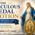 Blessed Virgin Mary of the Miraculous Medal with front and reverse medal designs, illustrating the history, meaning, and spiritual benefits of this Catholic devotion